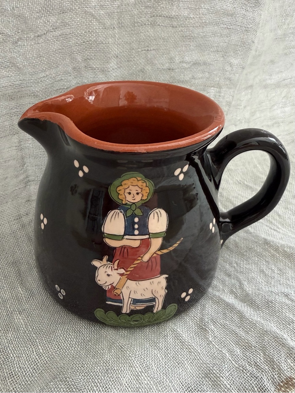 Hugo Kohler Handmade Pitcher, Swiss Folk Pottery featuring a girl with a lamb